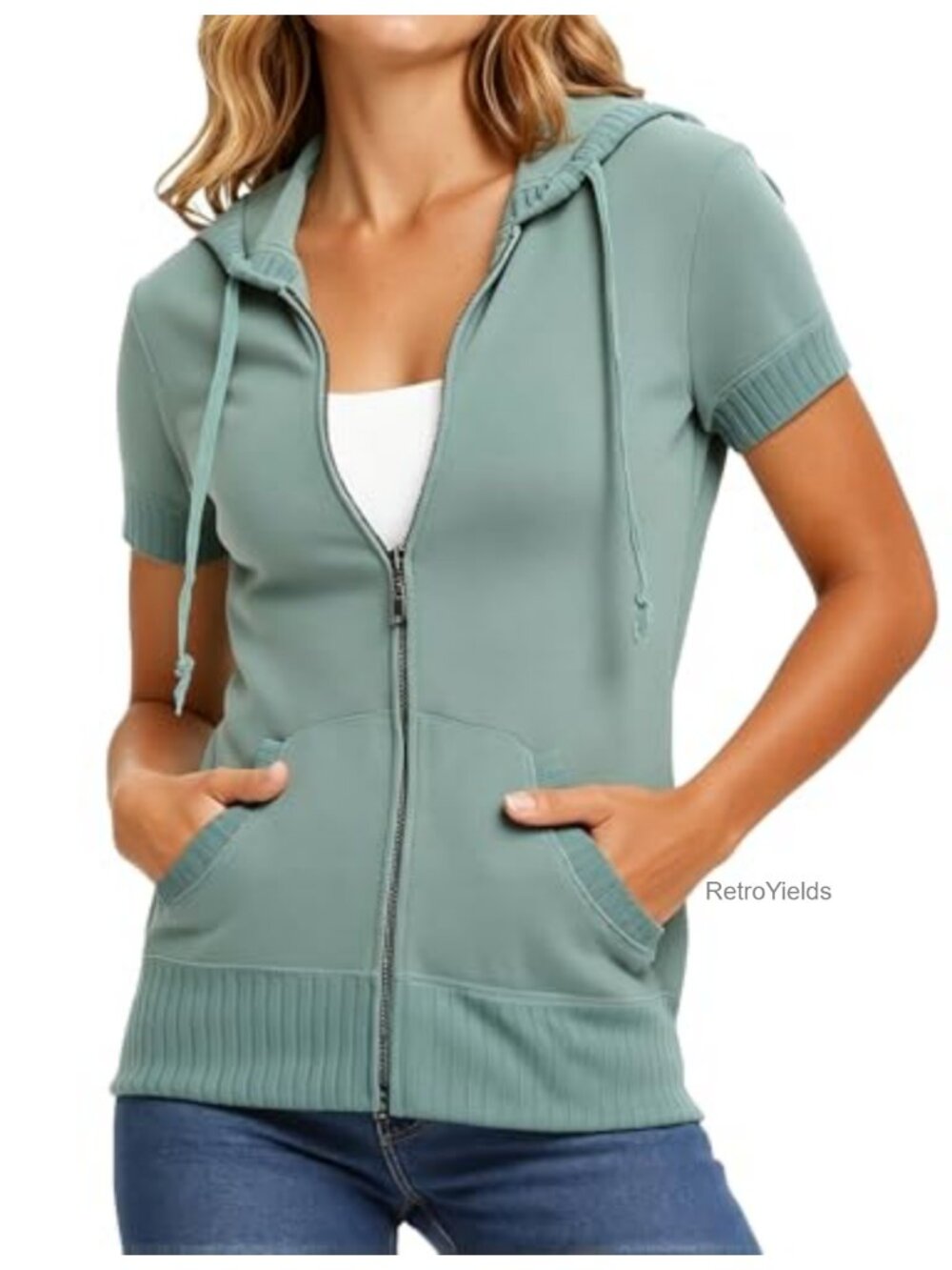 Women's Short Sleeve Zip Up Hoodie Lightweight Cotton Blend Active Jacket with